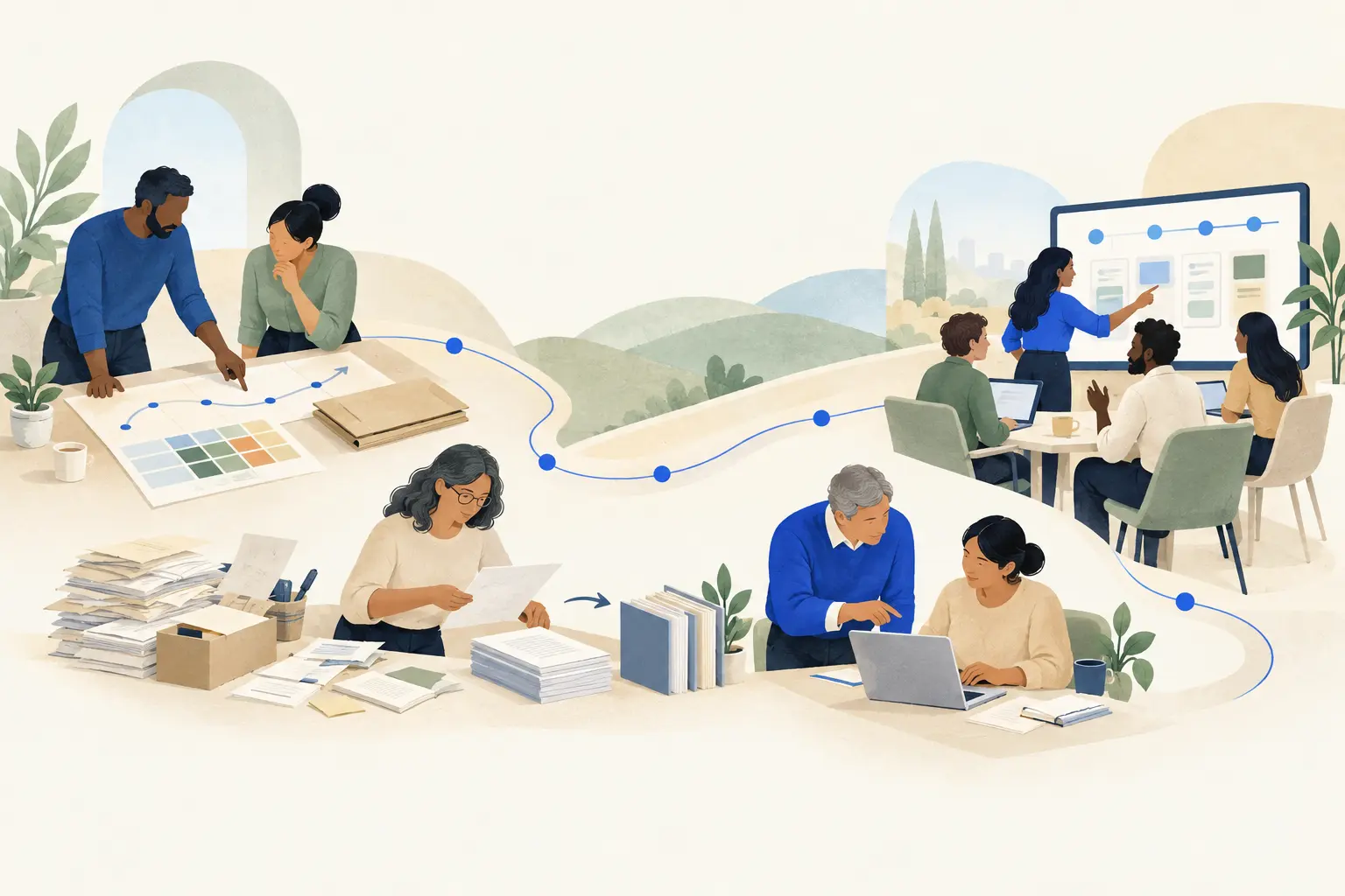 Illustration of early planning and an impact tile board flowing through organised records and basic technology coaching into a team delivering a project.